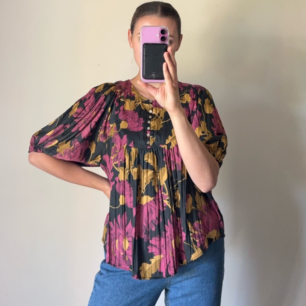 Anthropologie Kali Ruched Floral Henley Women's Top Blouse Women’s Small